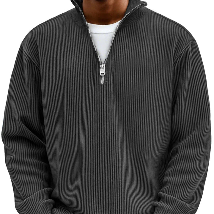Daan ribgebreide half-zip sweater in antraciet, close-up kraag en rits