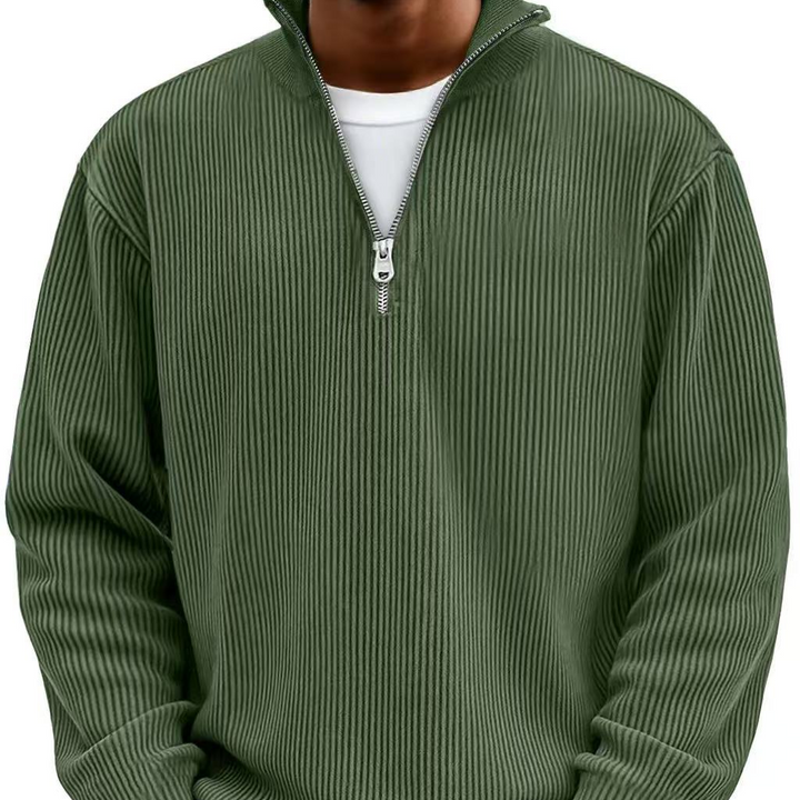 Daan ribgebreide half-zip sweater in olijfgroen, close-up kraag en rits
