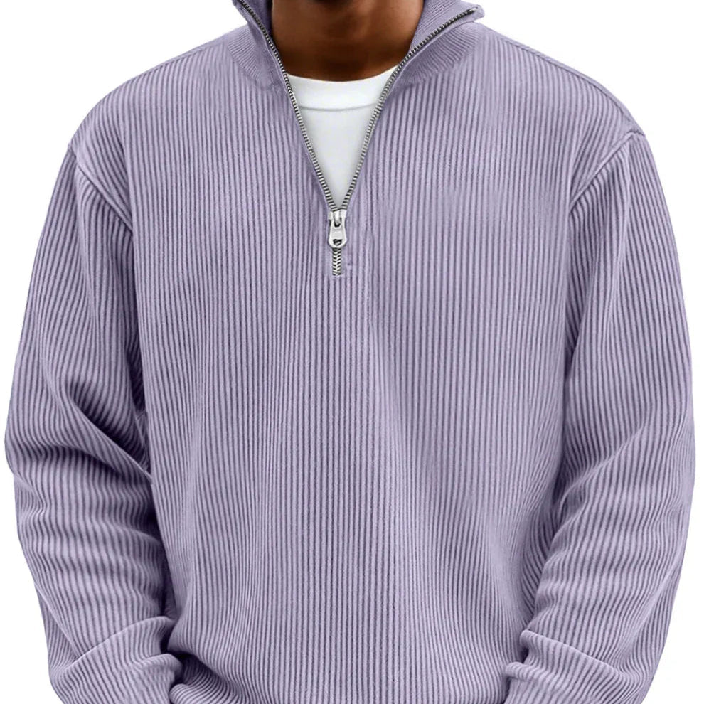 Daan ribgebreide half-zip sweater in lila, close-up kraag en rits
