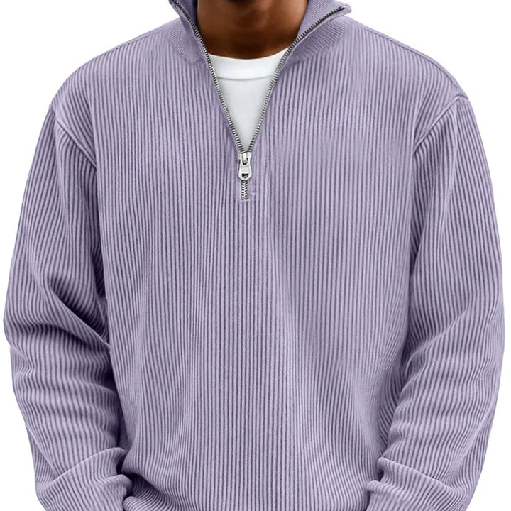 Daan ribgebreide half-zip sweater in lila, close-up kraag en rits