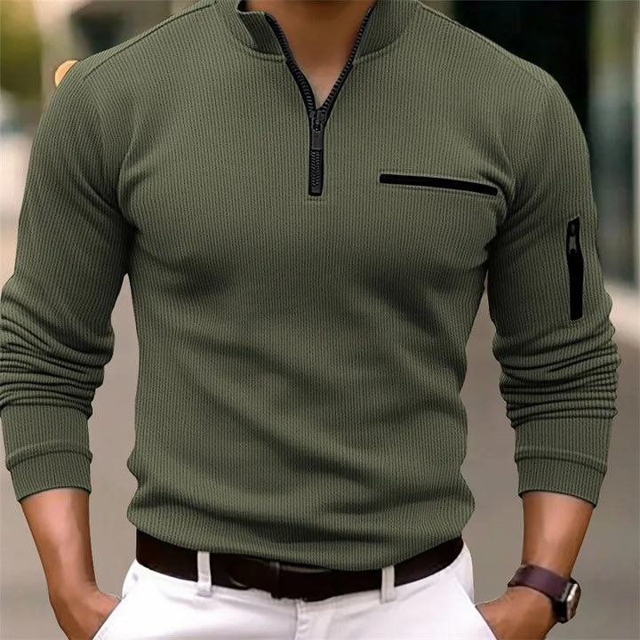 Daan ribgebreide quarter zip trui in groen, vooraanzicht met kraag detail