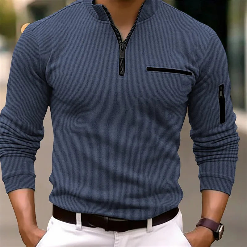 Daan ribgebreide quarter zip trui in blauw, vooraanzicht