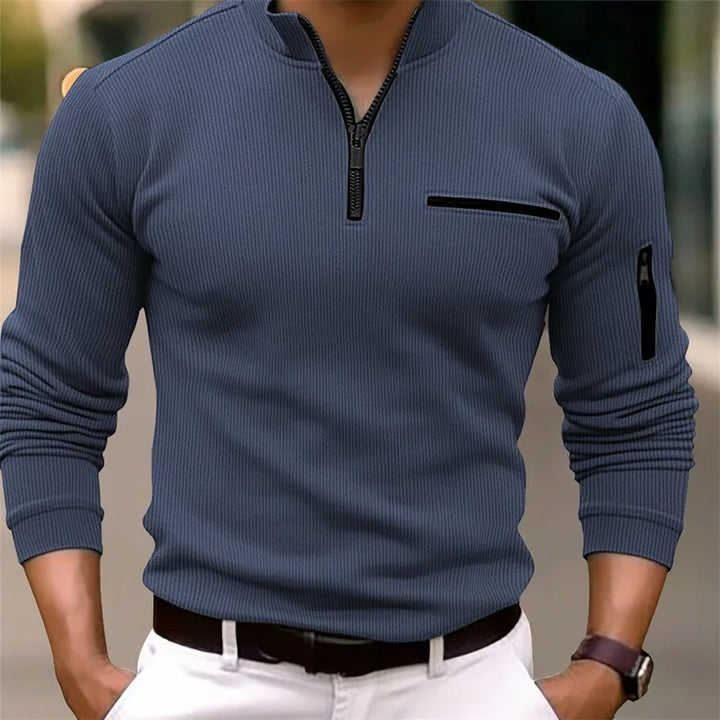 Daan ribgebreide quarter zip trui in blauw, vooraanzicht