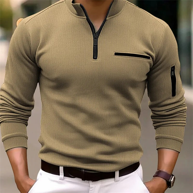 Daan ribgebreide quarter zip trui in beige, vooraanzicht