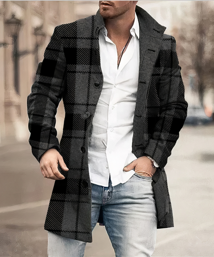 Daniël trenchcoat in donkere ruit print, vooraanzicht