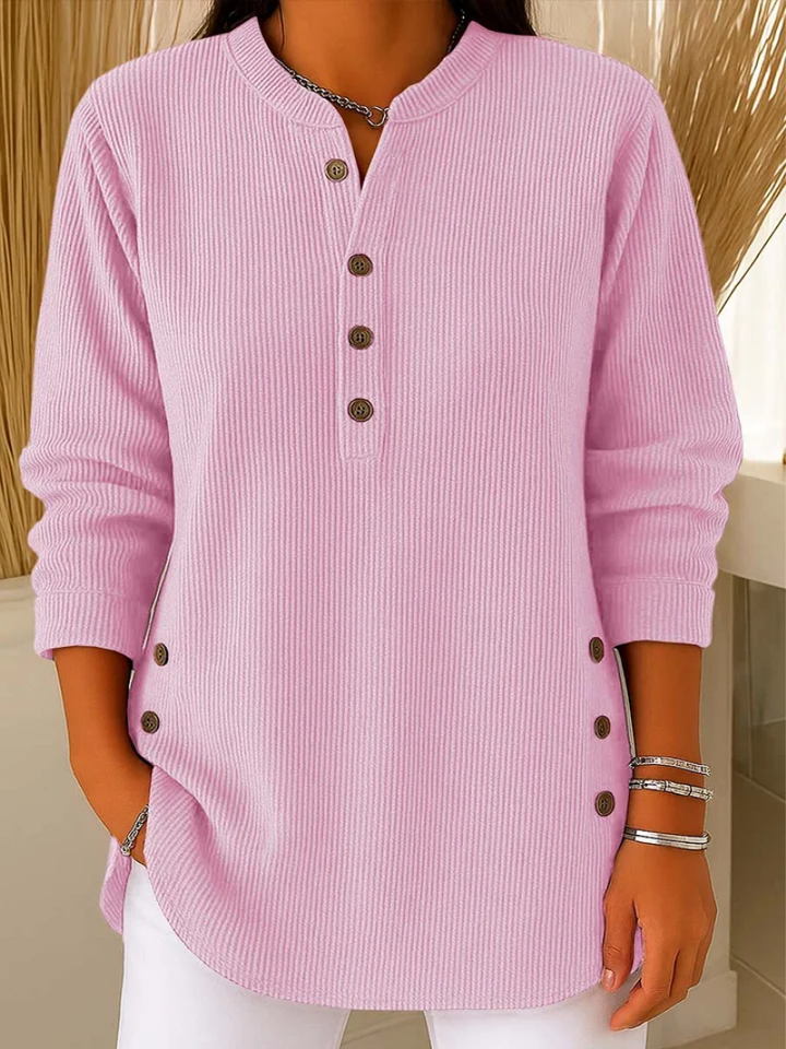 Femke roze geribbelde blouse met knoopdetails, vooraanzicht