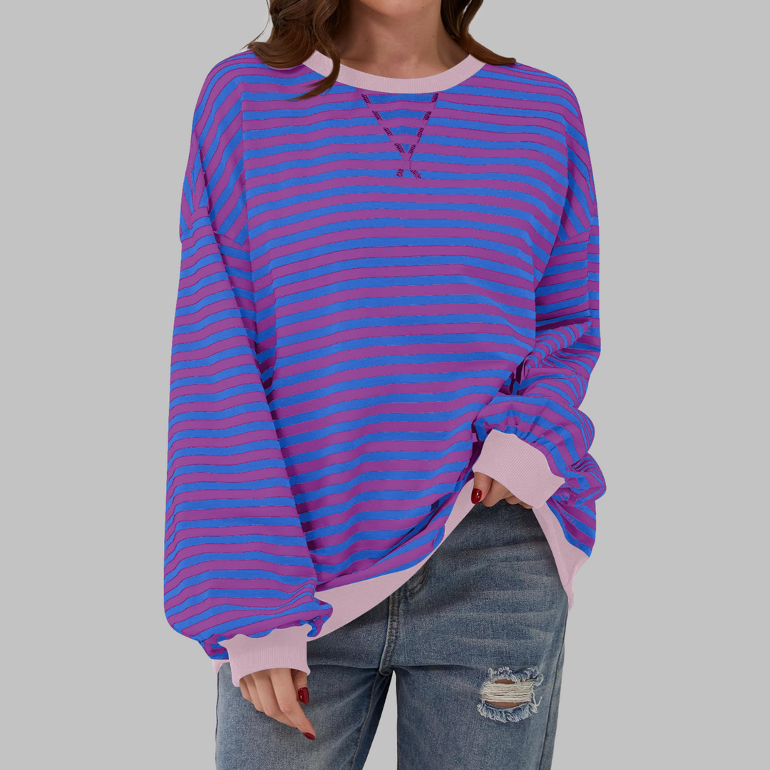 Femke paars blauw gestreepte sweater met roze boorden, vooraanzicht