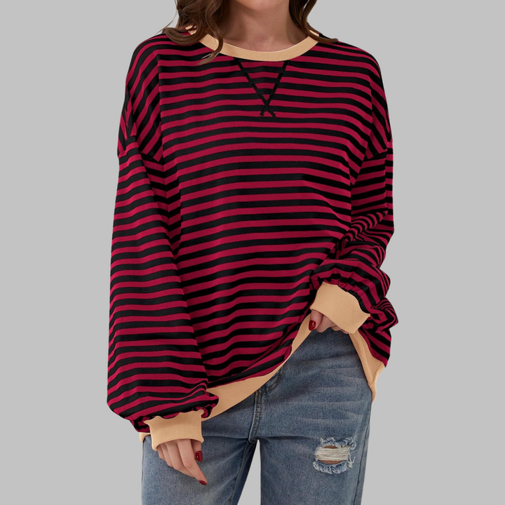 Femke bordeaux zwart gestreepte sweater met beige boorden, vooraanzicht