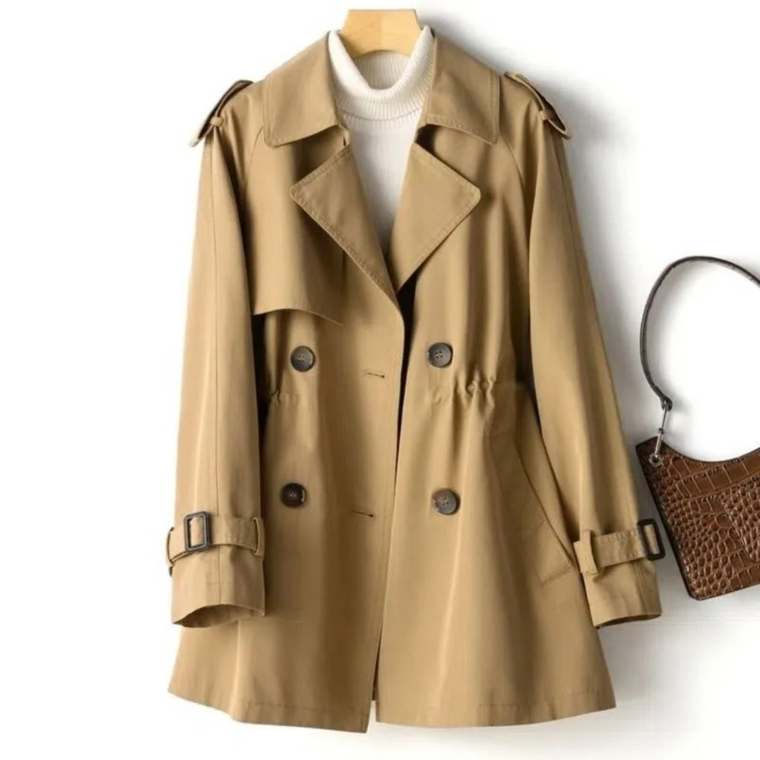 Fenna khaki trenchcoat met ceintuur en manchetten, vooraanzicht