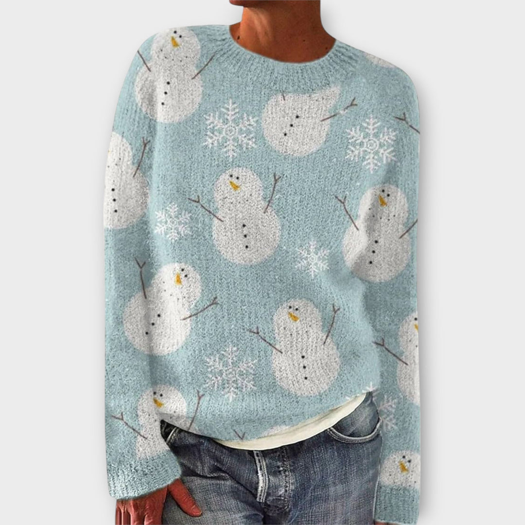 Fenna kersttrui met sneeuwpop-print in blauw, vooraanzicht