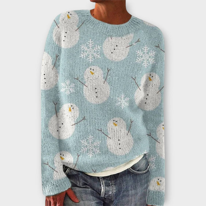 Fenna kersttrui met sneeuwpop-print in blauw, vooraanzicht