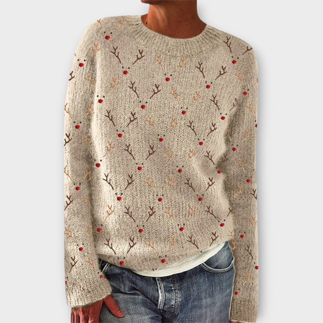 Fenna kersttrui met rendier-dessin in beige, vooraanzicht