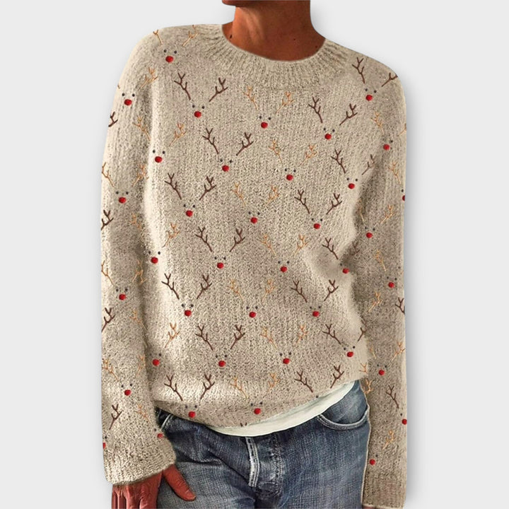 Fenna kersttrui met rendier-dessin in beige, vooraanzicht