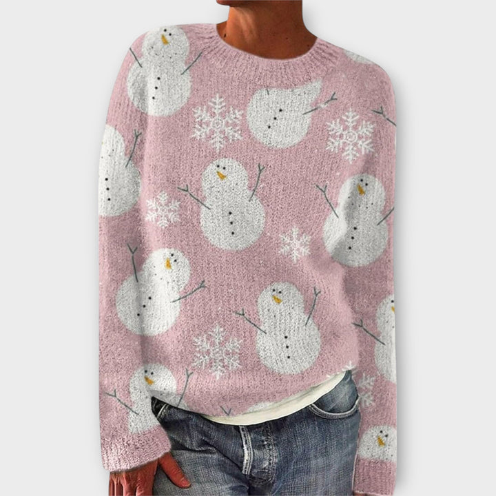 Fenna kersttrui met sneeuwpop-print in roze, vooraanzicht