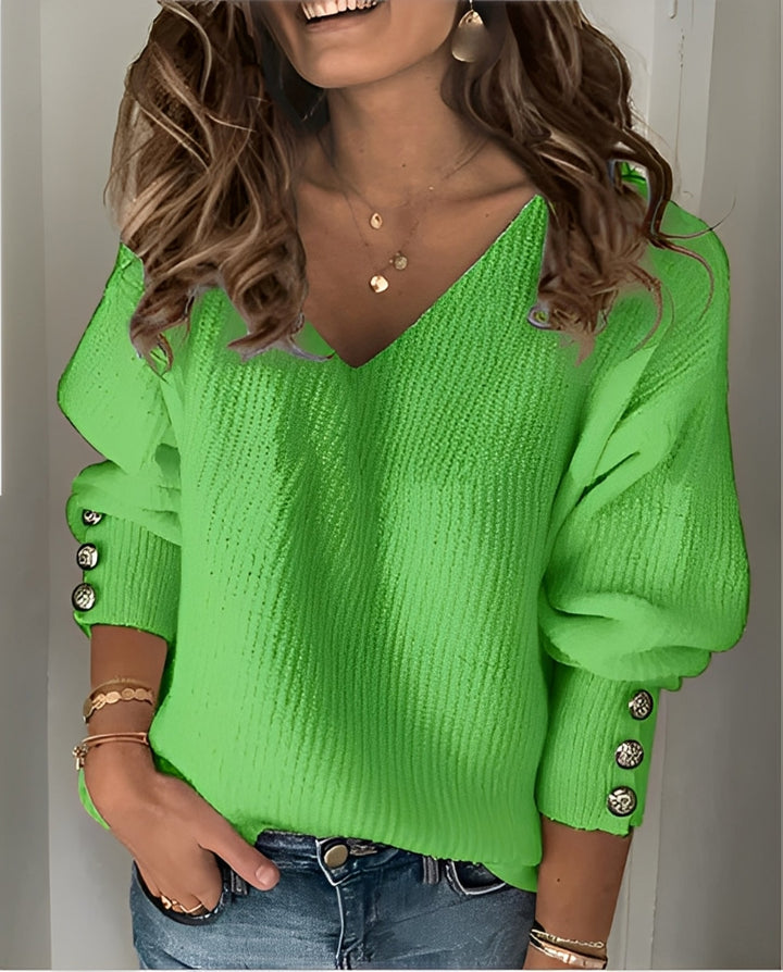 Fleur groene V-hals pullover met knoopdetail aan de mouw