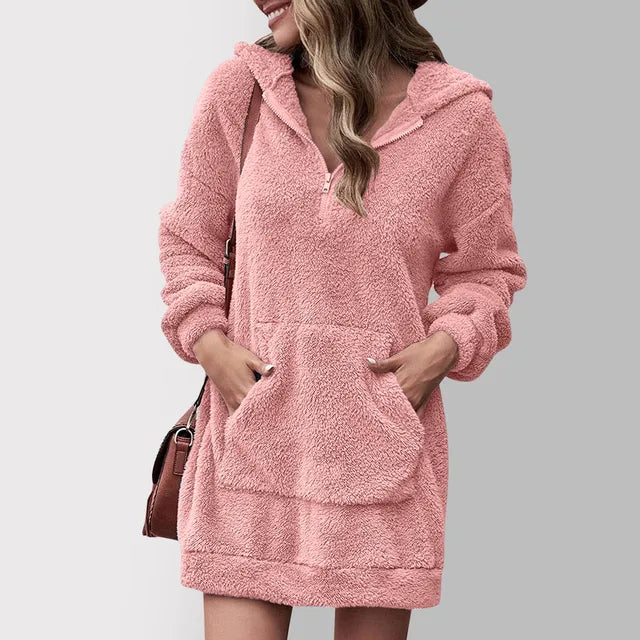 Fleur fluffy hooded winterjurk in roze, vooraanzicht