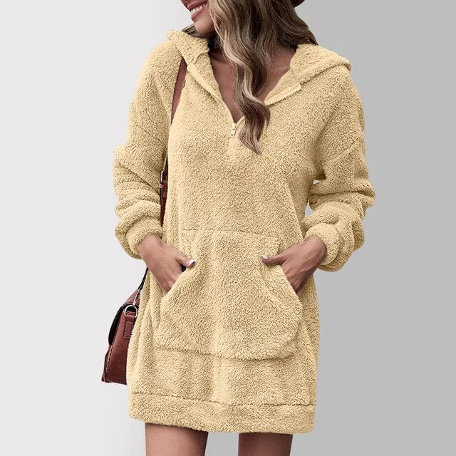 Fleur fluffy hooded winterjurk in kaki, vooraanzicht