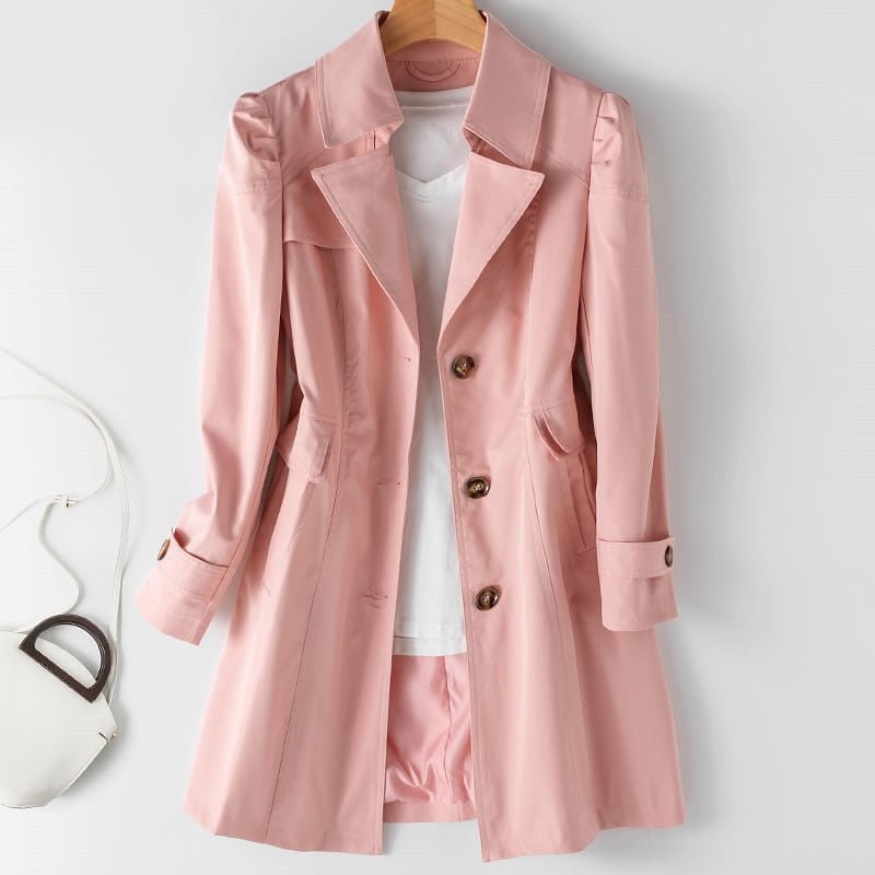 Fleur roze trenchcoat met lange mouwen, vooraanzicht