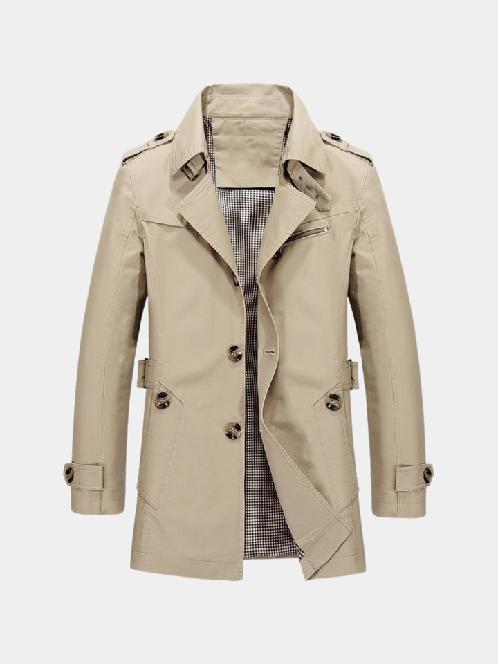 Hendrik slim fit trench coat, vooraanzicht met knoopsluiting