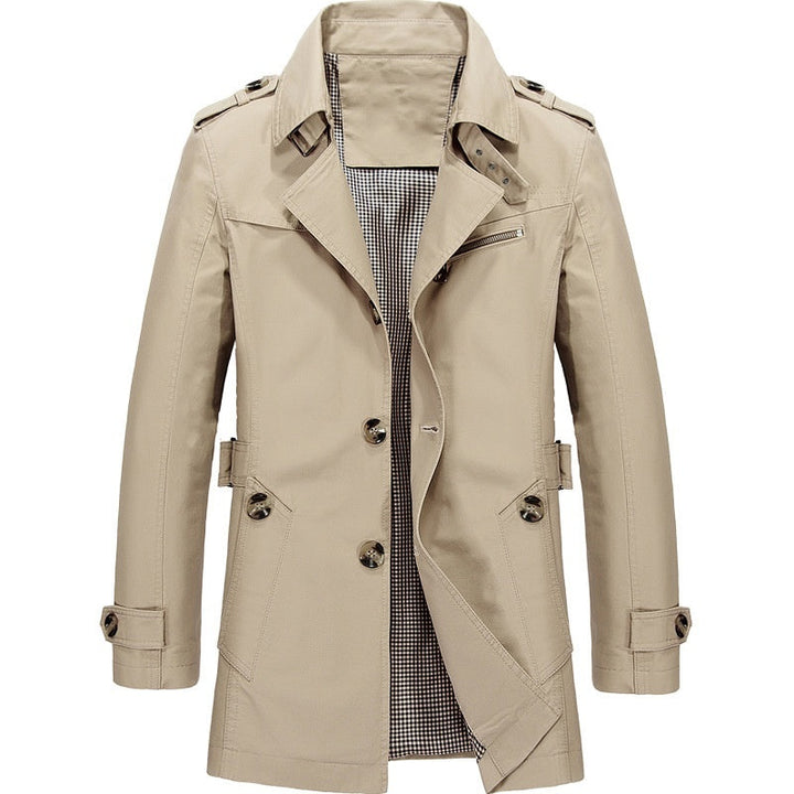 Hendrik trench coat in beige, gedetailleerd vooraanzicht