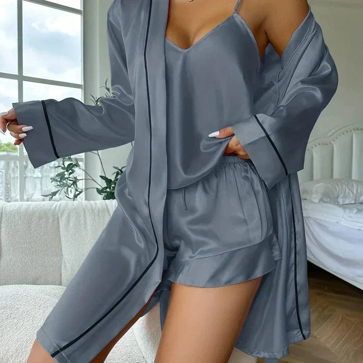 Iris driedelige pyjamaset in grijs met kimono en short