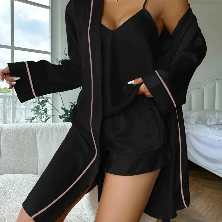 Iris driedelige pyjamaset in zwart met contrasterende bies