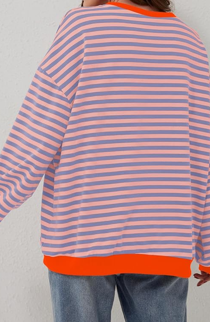 Iris gestreepte sweater achteraanzicht met oranje contrastboord