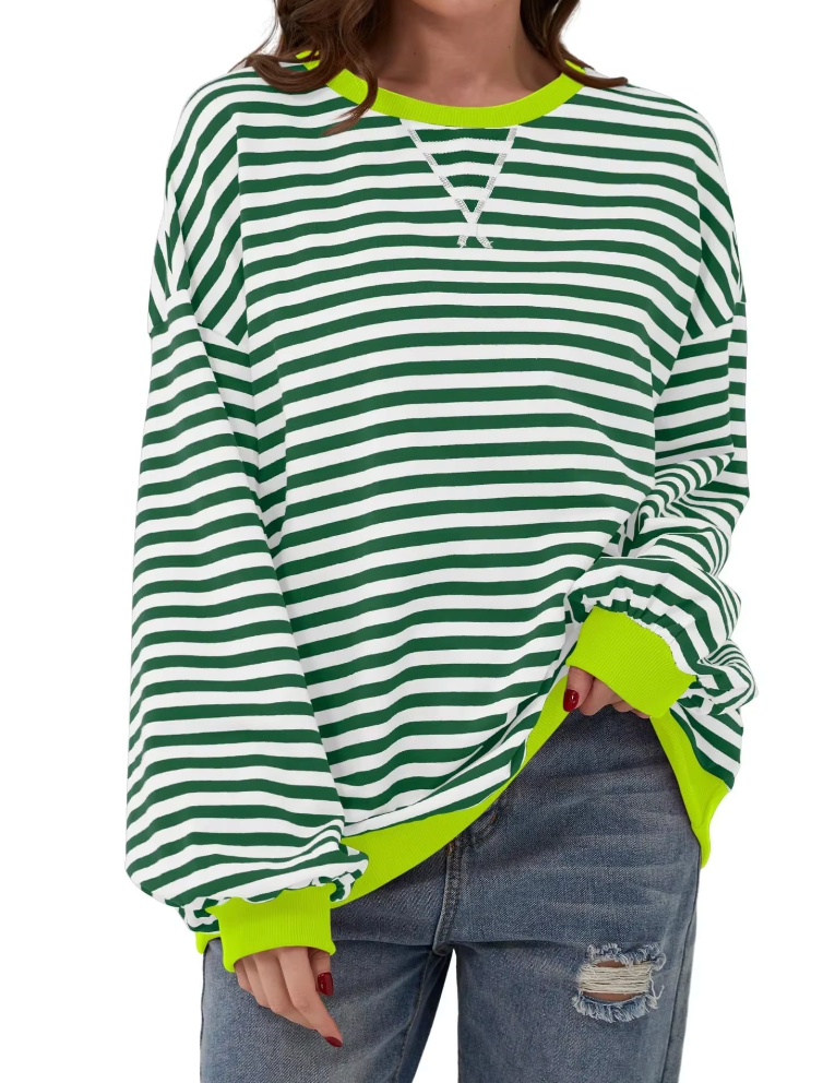 Iris gestreepte sweater close-up voorkant met geel-groene contrastboord