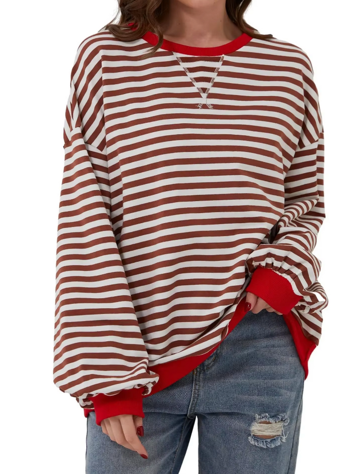 Iris gestreepte sweater close-up voorkant met rode contrastboord