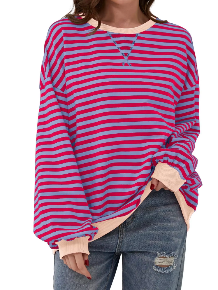 Iris gestreepte sweater close-up voorkant met contrastboord hals