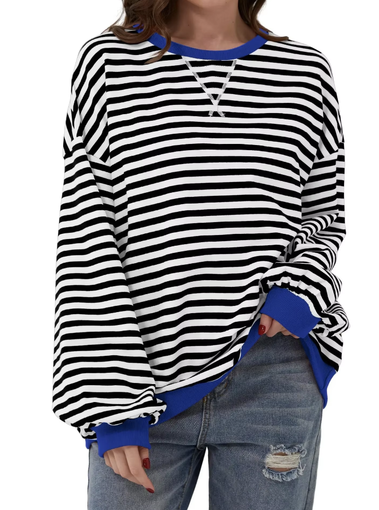Iris gestreepte sweater close-up voorkant met blauwe contrastboord