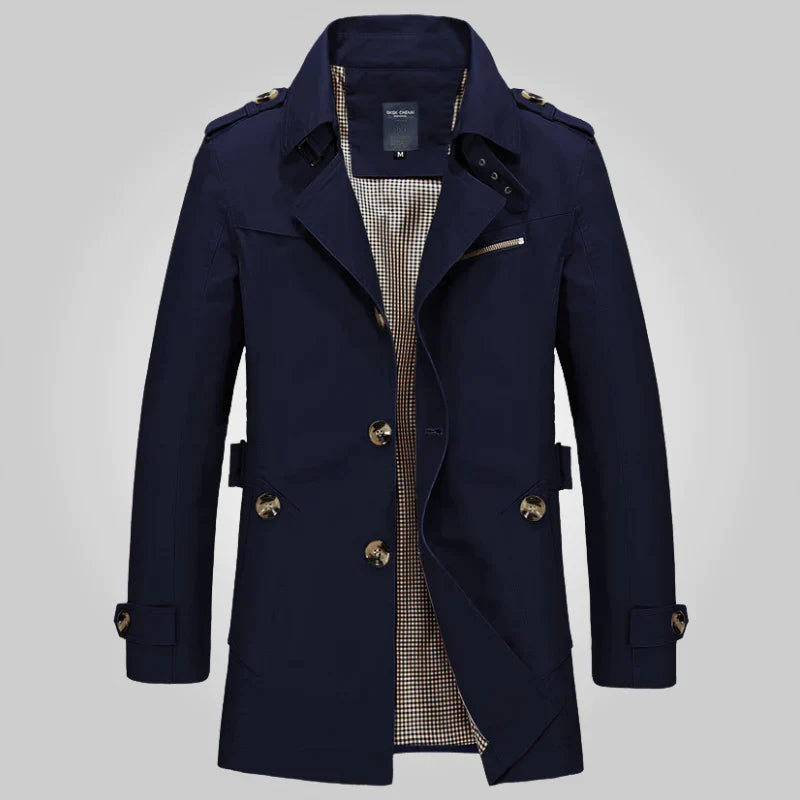 Jasper donkerblauwe trenchcoat met reverskraag, vooraanzicht