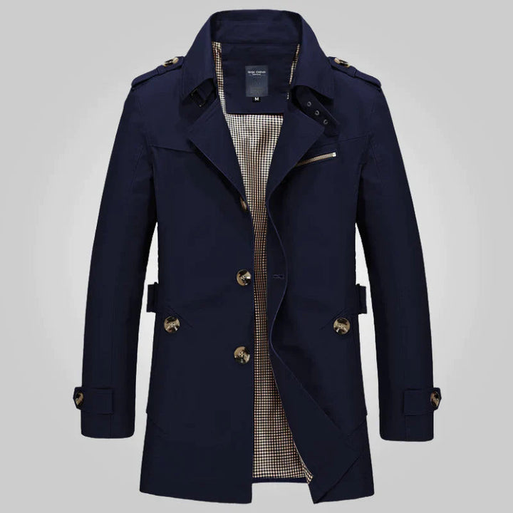 Jasper donkerblauwe trenchcoat met reverskraag, vooraanzicht