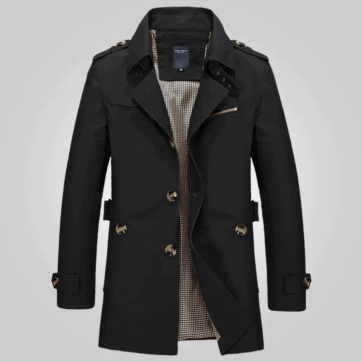 Jasper zwarte trenchcoat met reverskraag, vooraanzicht