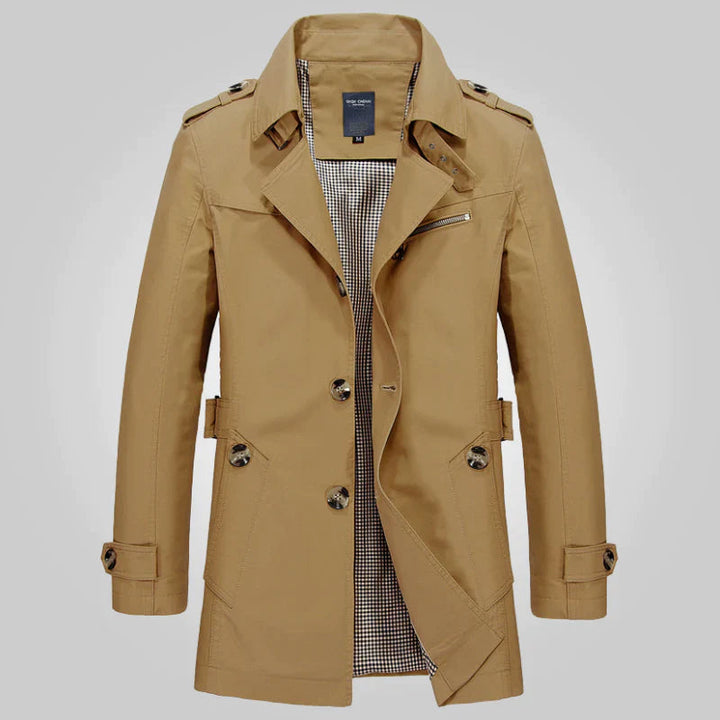 Jasper bruine trenchcoat met reverskraag, vooraanzicht