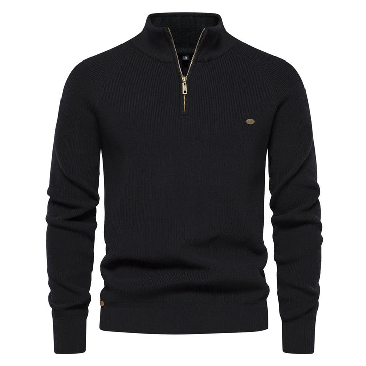 Julian geribbelde half-zip trui in zwart, vooraanzicht