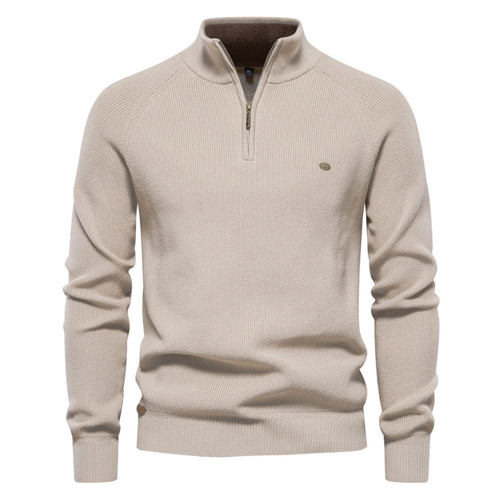 Julian geribbelde half-zip trui in beige, close-up vooraanzicht