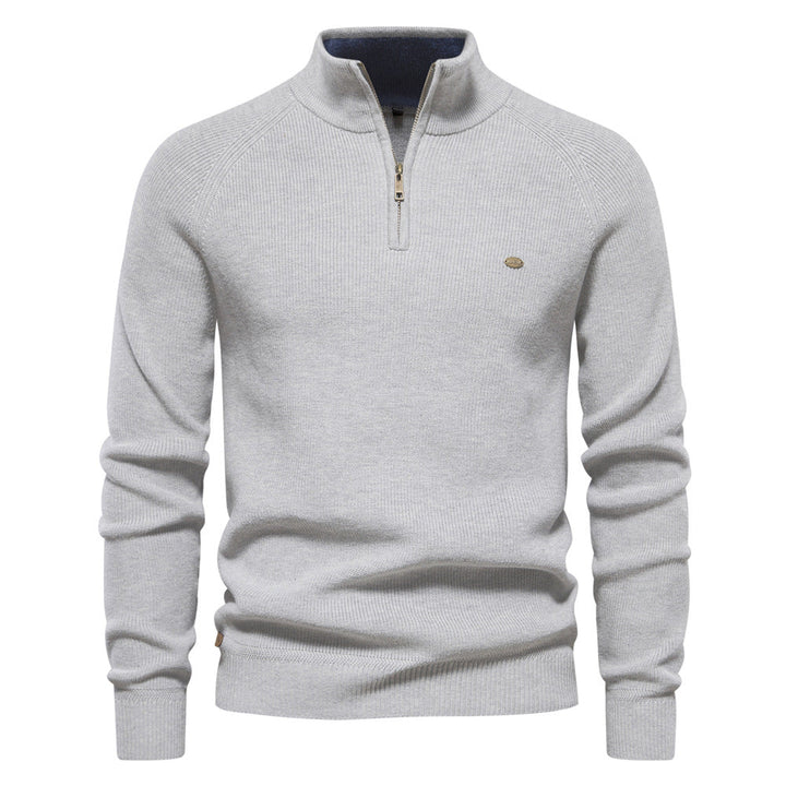 Julian geribbelde half-zip trui in lichtgrijs, vooraanzicht