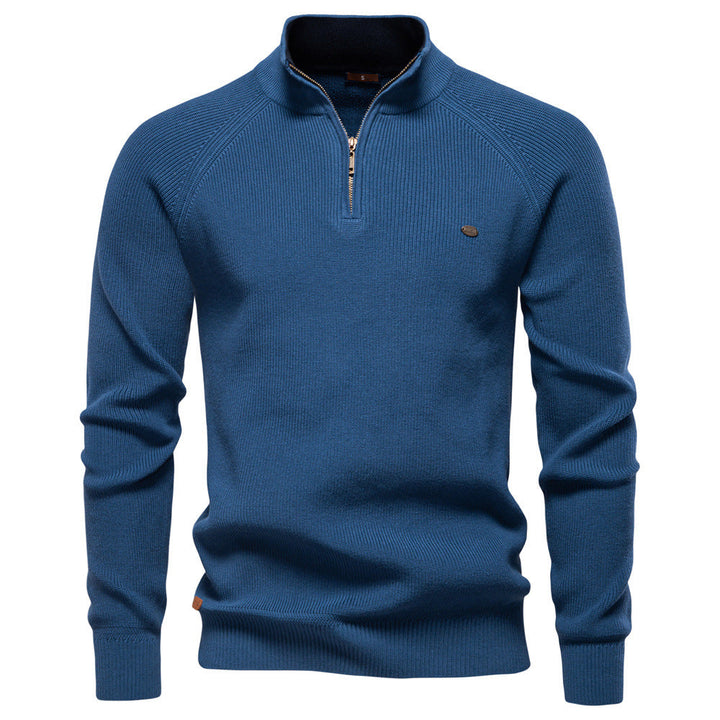 Julian geribbelde half-zip trui in blauw, vooraanzicht