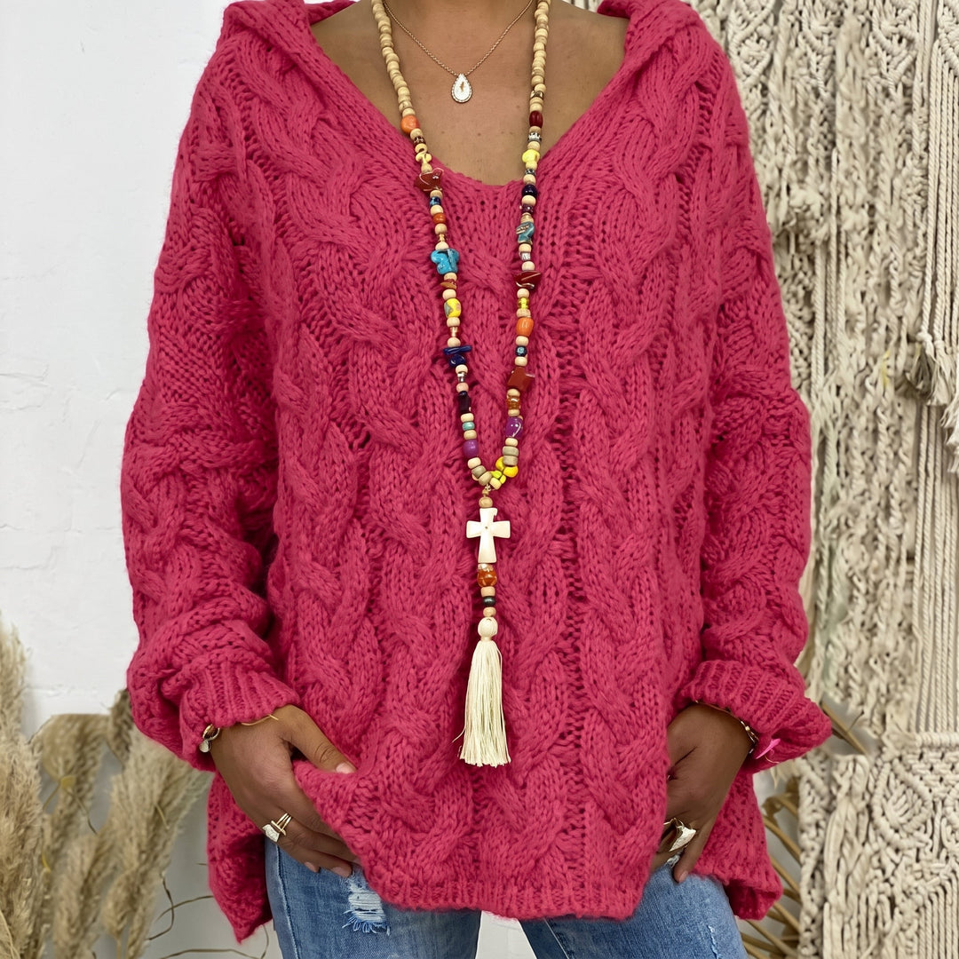 Kaylee fuchsia oversized kabelgebreide trui met V-hals, vooraanzicht