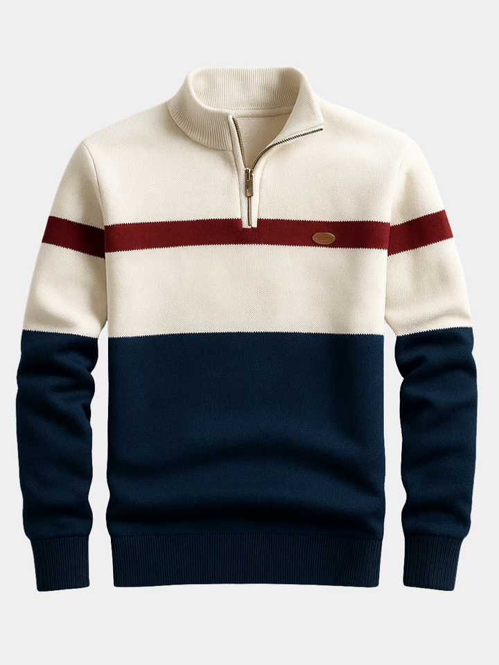 Laurent colorblock half-zip trui in marineblauw en crème, vooraanzicht