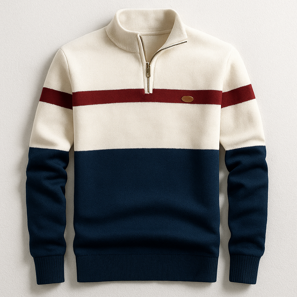 Laurent colorblock half-zip trui in marineblauw en crème, plat liggend