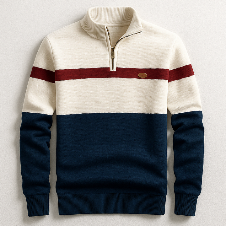 Laurent colorblock half-zip trui in marineblauw en crème, plat liggend
