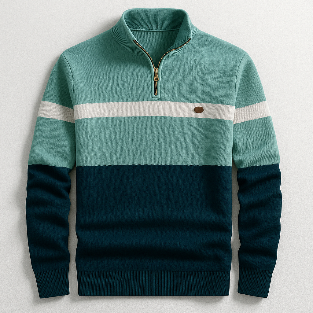 Laurent colorblock half-zip trui in groentinten, plat liggend