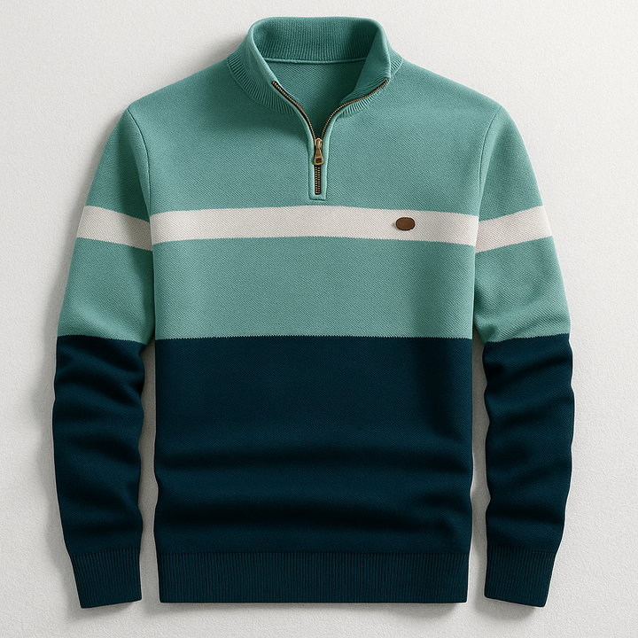 Laurent colorblock half-zip trui in groentinten, plat liggend