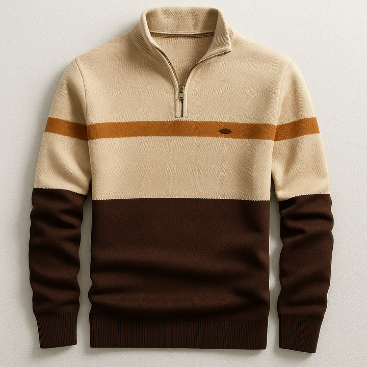 Laurent colorblock half-zip trui in bruintinten, plat liggend