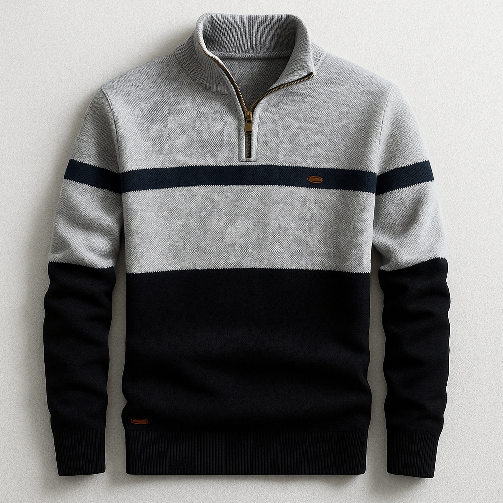 Laurent colorblock half-zip trui in grijs en zwart, plat liggend