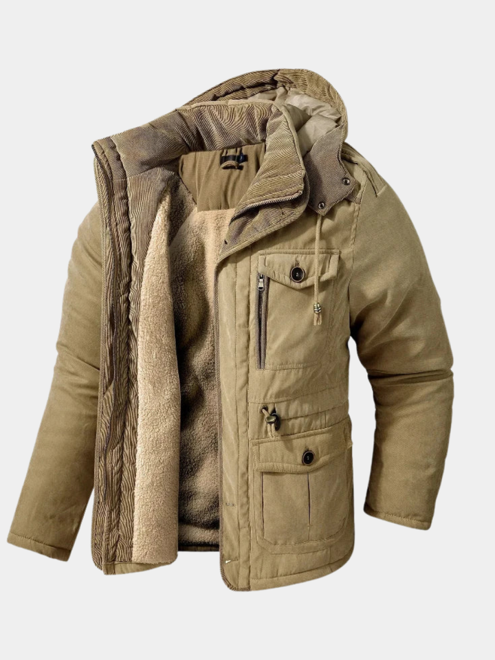 Laurent kaki winterjas heren met open rits en fleece voering, zijaanzicht