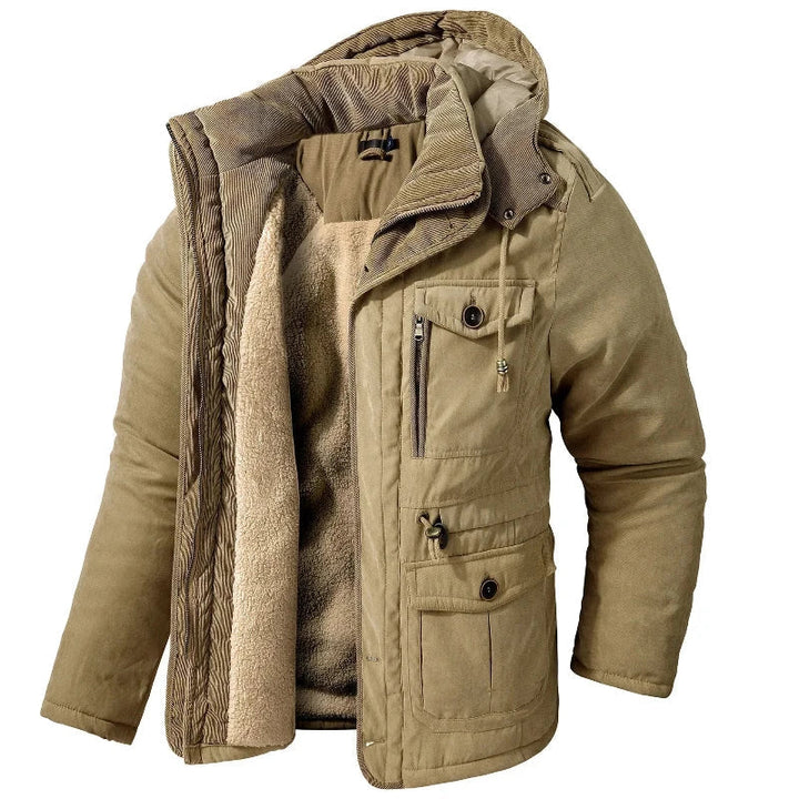 Laurent kaki winterjas heren met capuchon en meerdere zakken, detailweergave