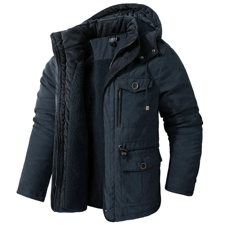 Laurent marineblauwe winterjas heren met fleece voering, zijaanzicht